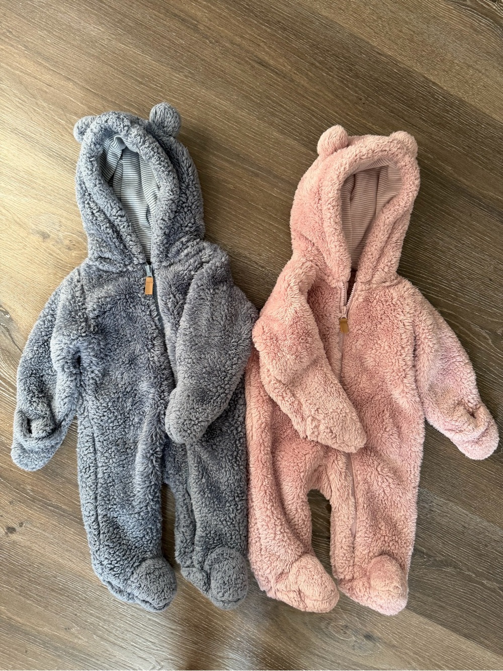 2 Carter’s Teddy Fleece One-Piece in Gray and Pink